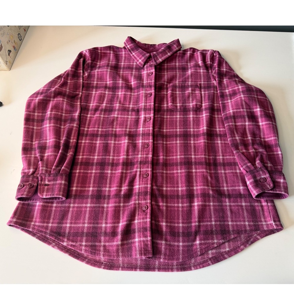 LL Bean Womens Magenta Pink Plaid Fleece Button Up Shirt Jacket 272967 Large